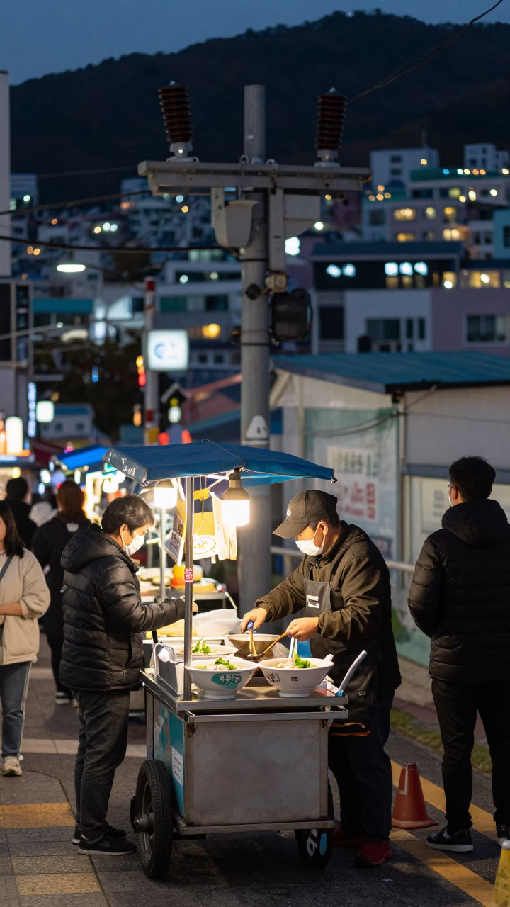 Busan Night Street Food Scene with Substation Insulators and Junk Boat Harbor View in in Busan, South Korea