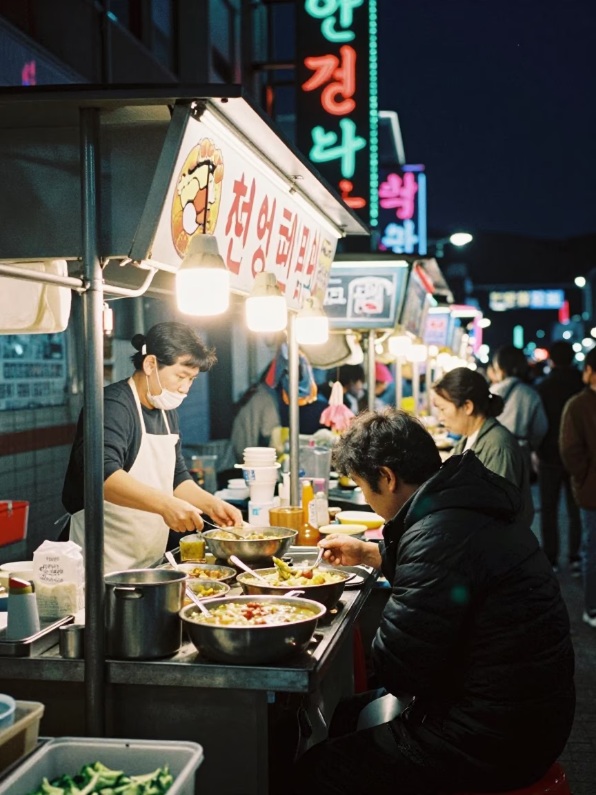 Busan Night Street Food Stall with Neon Lights and Steaming Tofu Soup in in Busan, South Korea