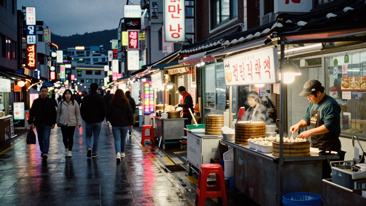 Busan Nightlife Street Scene with Neon Lights and Traditional Market Elements in in Busan, South Korea