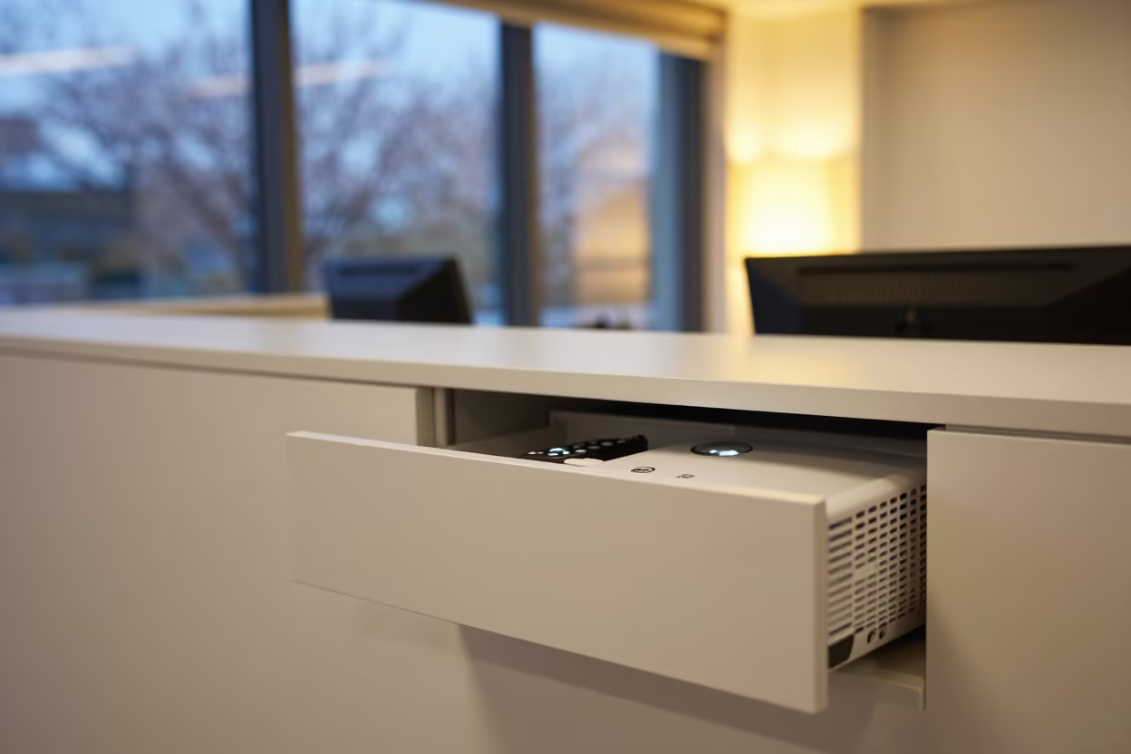Busan Office Remote Drawer at Dusk in at an office reception desk in Busan