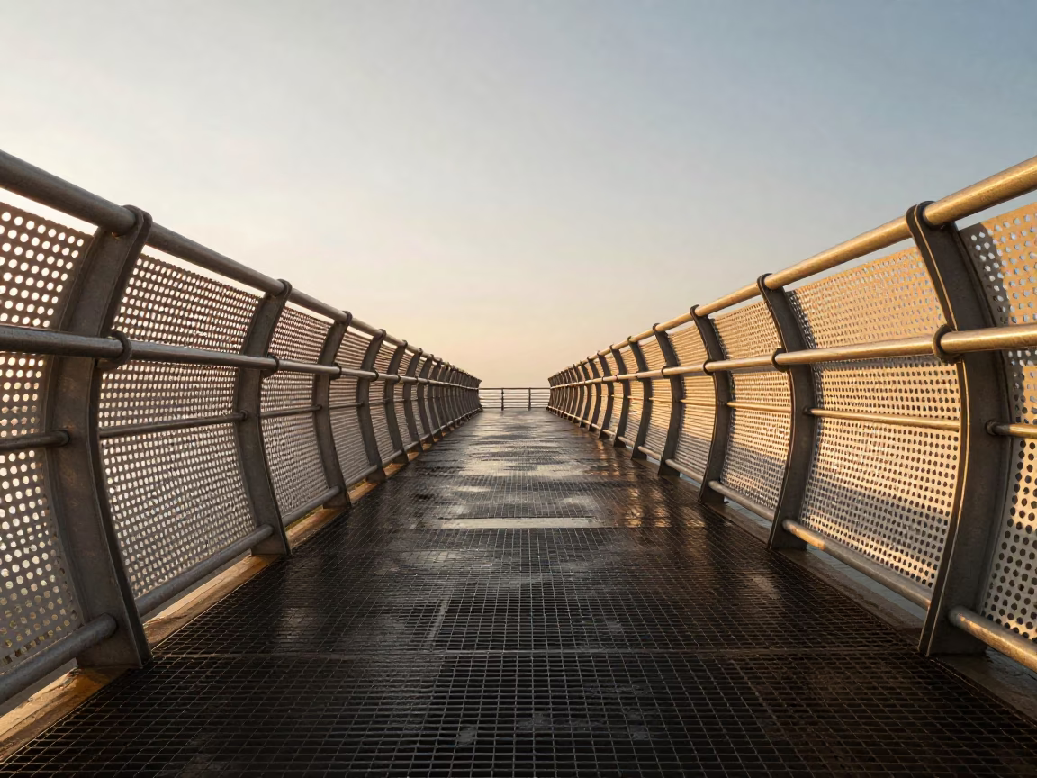 Busan Pedestrian Overpass Golden Hour Perforated Metal Wet Footsteps in in Busan, South Korea