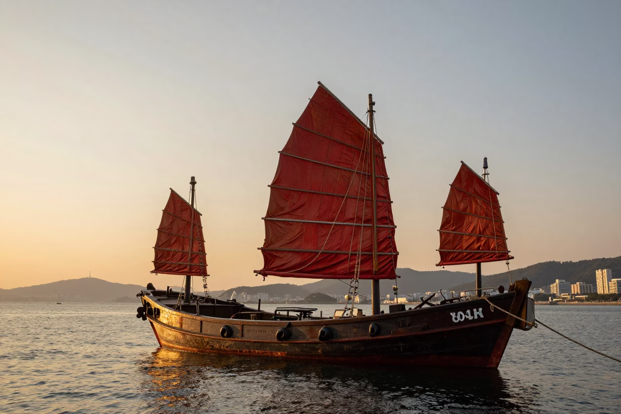 Busan Port Junk Boat with Rust-Red Sails Anchored During Golden Hour Sunset in in Busan, South Korea