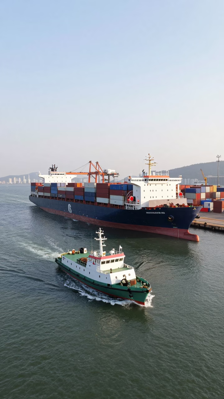 Busan Port Pilot Boat Guiding Container Ship in Late Morning Light in in Busan, South Korea