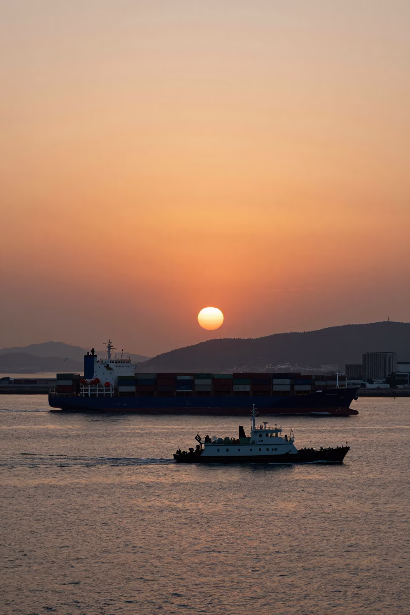 Busan Port Sunset with Container Ship and Pilot Boat in South Korea in in Busan, South Korea