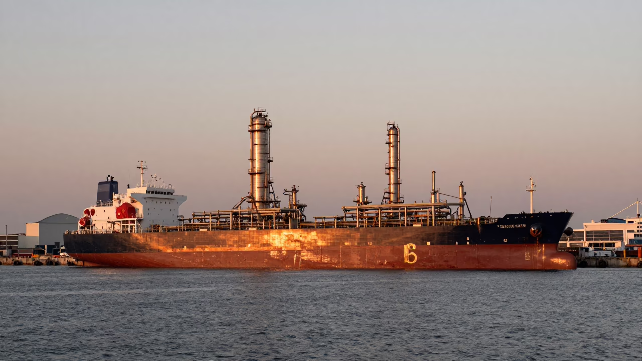 Busan Port Tanker Ship Refinery Dock Copper Toned Light Before Dusk in in Busan, South Korea