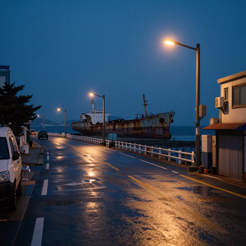 Busan Predawn Street Scene with Rusting Ship and Quiet City Lights in in Busan, South Korea
