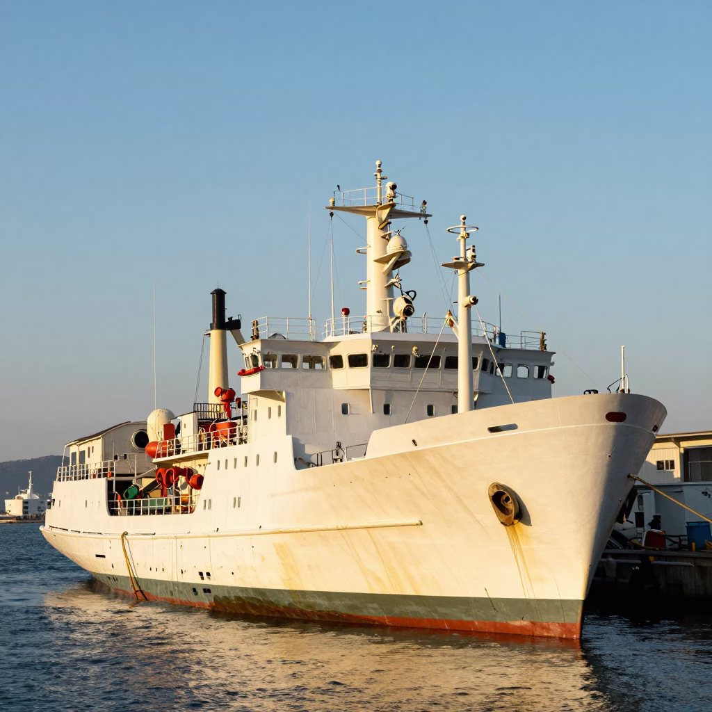 Busan South Korea 1970s Research Vessel A-Frame Stern Harbor Late Afternoon in in Busan, South Korea