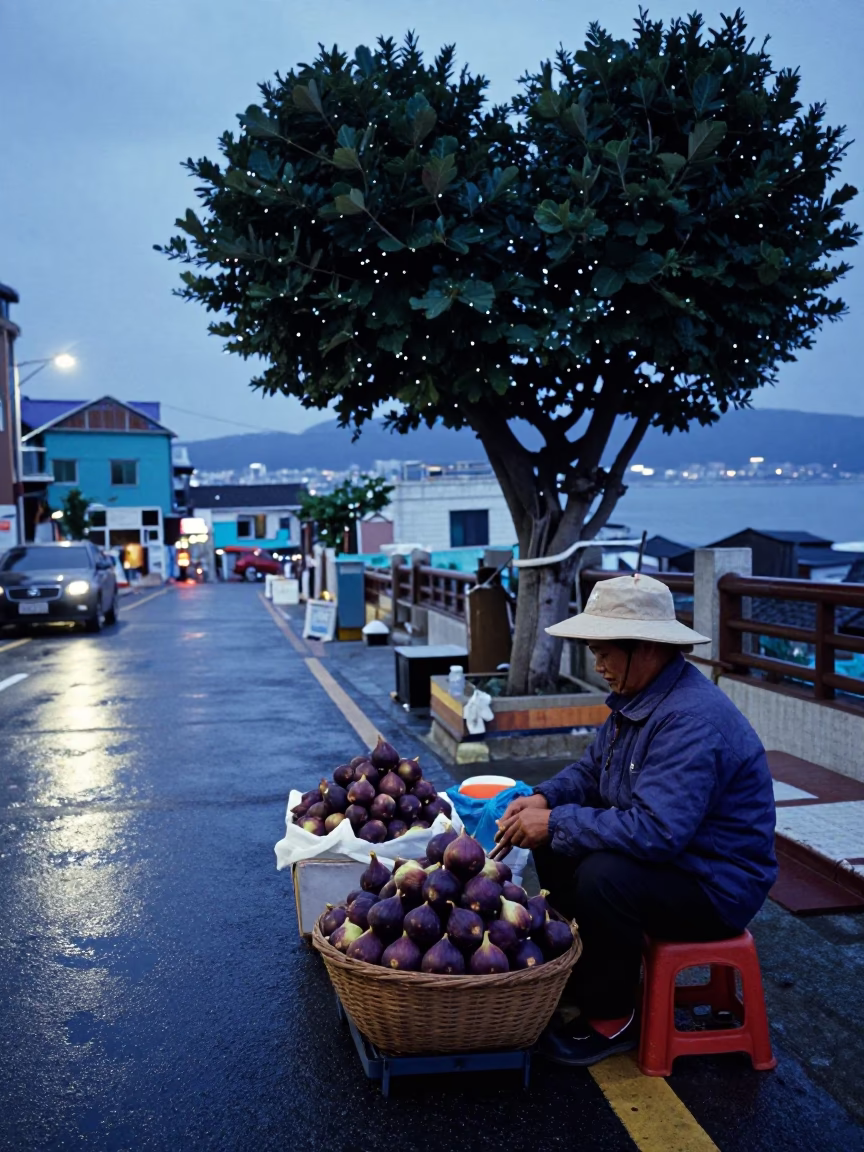 Busan South Korea Blue Hour Street Scene with Basket and Fig Tree in in Busan, South Korea