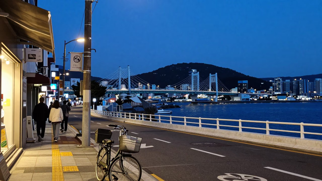 Busan South Korea blue hour street scene with bicycle basket and urban bridge in in Busan, South Korea