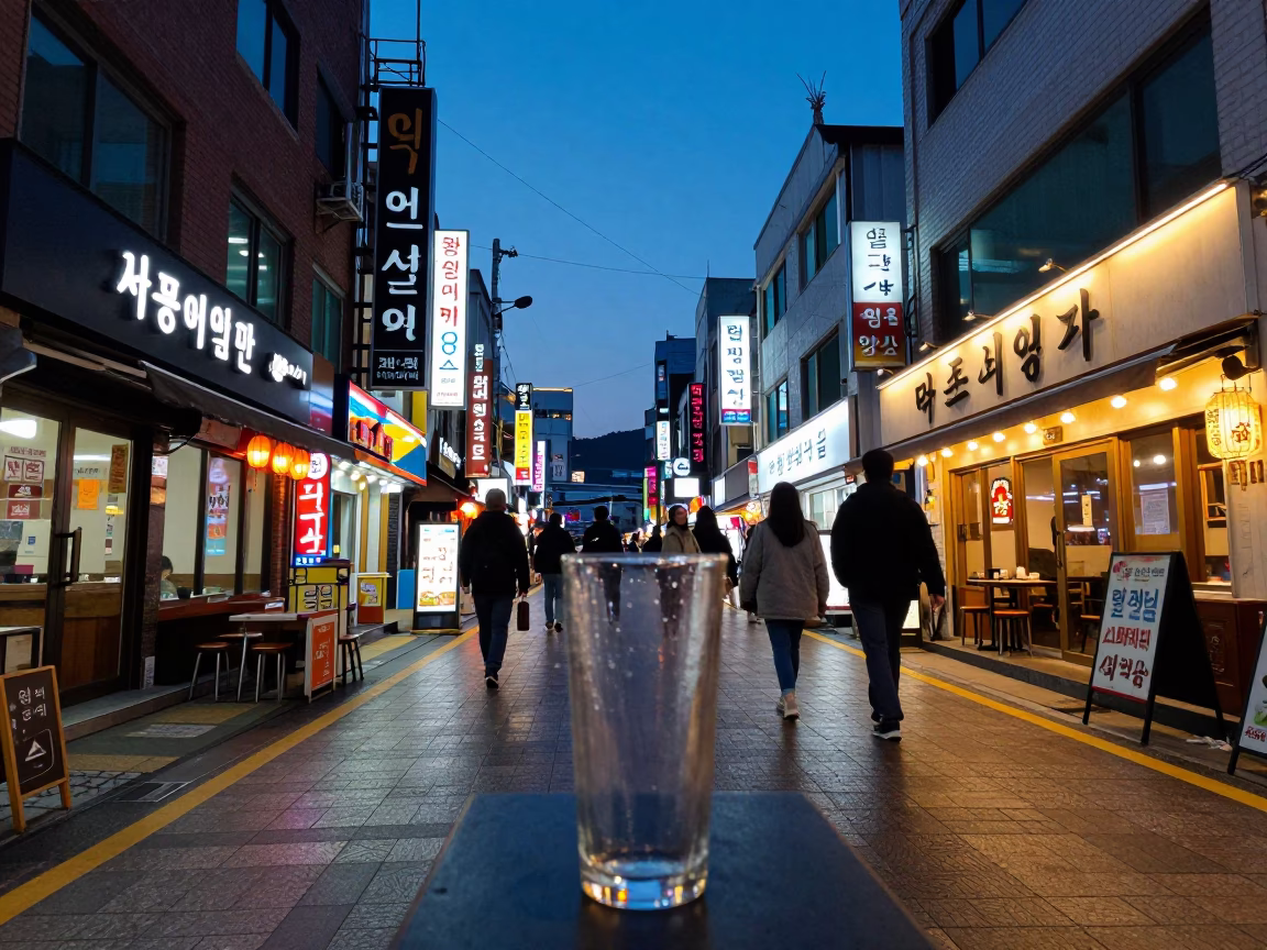 Busan South Korea Blue Hour Street Scene with Glass Tumbler and Urban Architecture in in Busan, South Korea