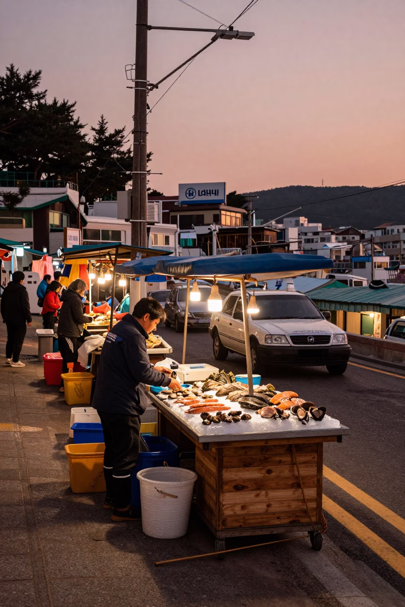 Busan South Korea copper-toned dusk street scene with local market activity in in Busan, South Korea