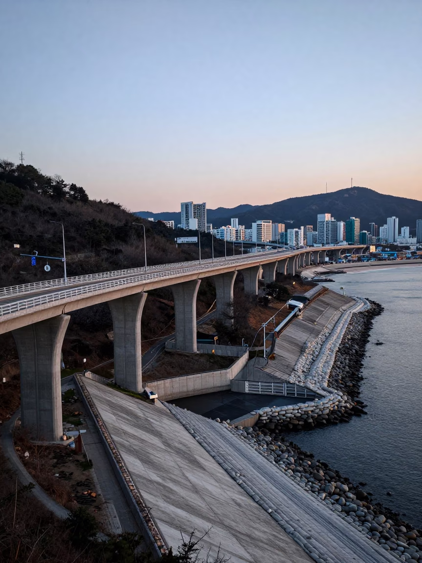 Busan South Korea Dawn Concrete Viaduct and Levee Floodgate with Sandbags and Plywood in in Busan, South Korea