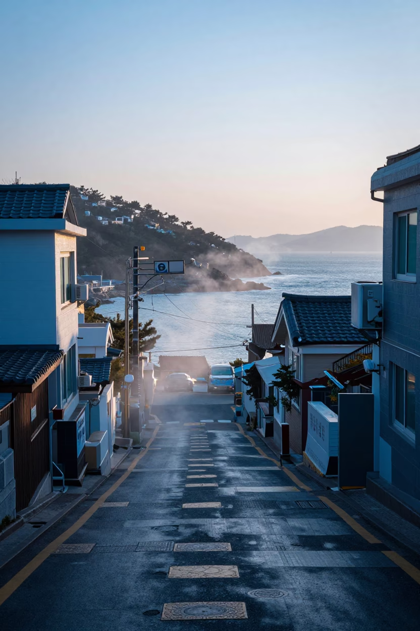 Busan South Korea dawn street scene with steam haze and coastal architecture in in Busan, South Korea