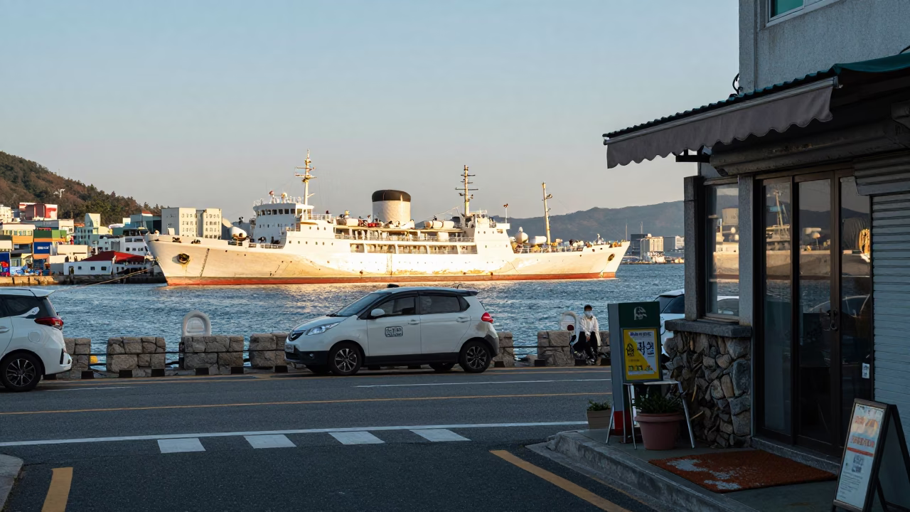 Busan South Korea Early Afternoon Street Scene with Steamship and Harbor Swell in in Busan, South Korea