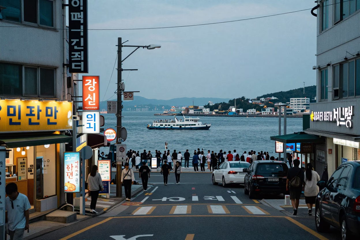 Busan South Korea early evening street scene with neon signs and urban architecture in in Busan, South Korea