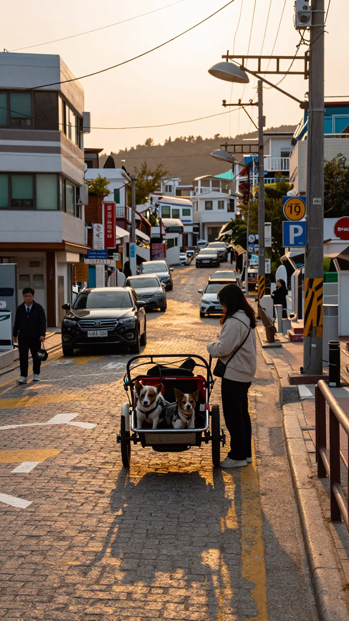 Busan South Korea Evening Street Scene with Dog Cart and Local Passerby in in Busan, South Korea