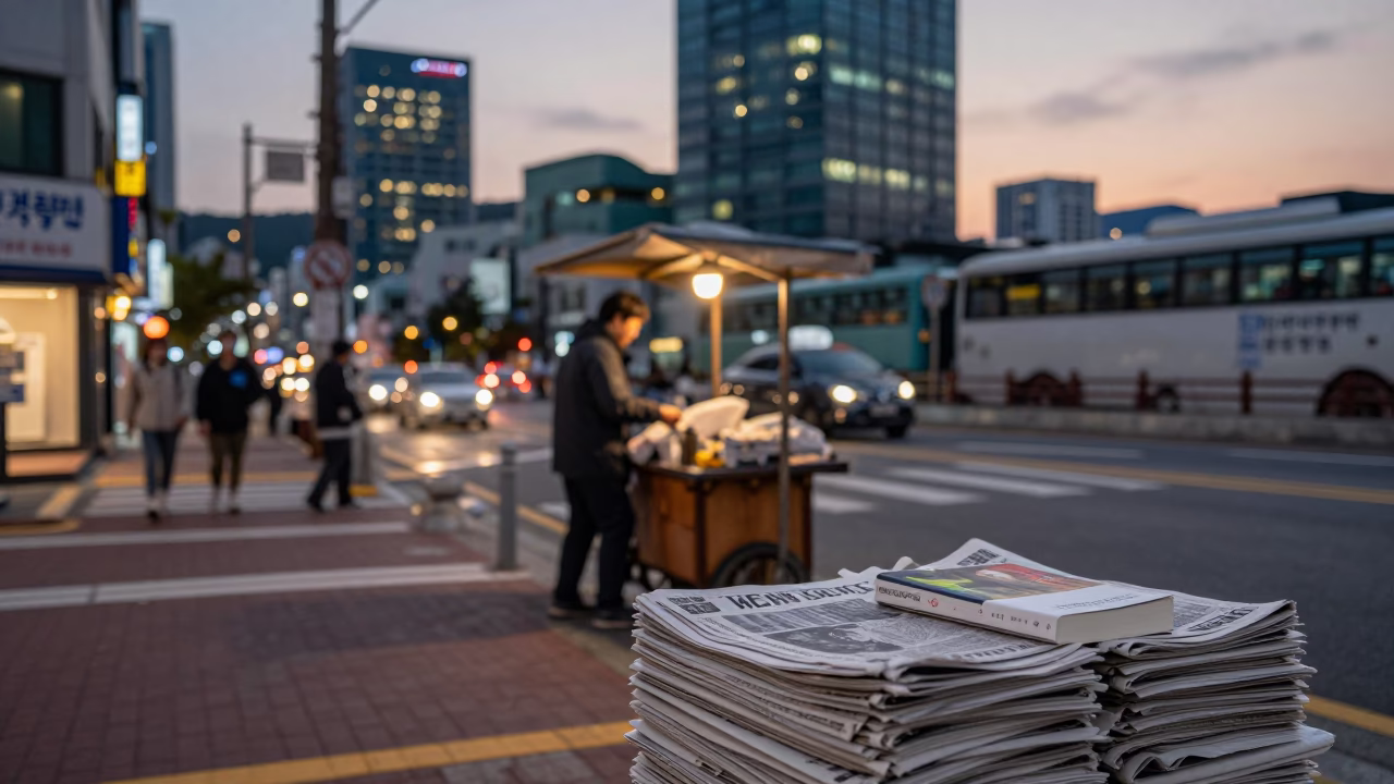 Busan South Korea Evening Street Scene with Newspaper Stack and Paperback Books in in Busan, South Korea