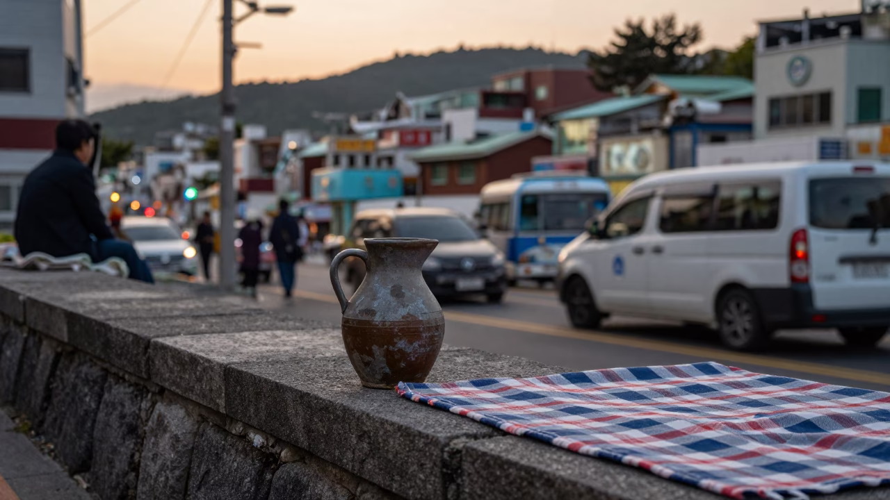 Busan South Korea Evening Street Scene with Pitcher and Picnic Blanket in in Busan, South Korea