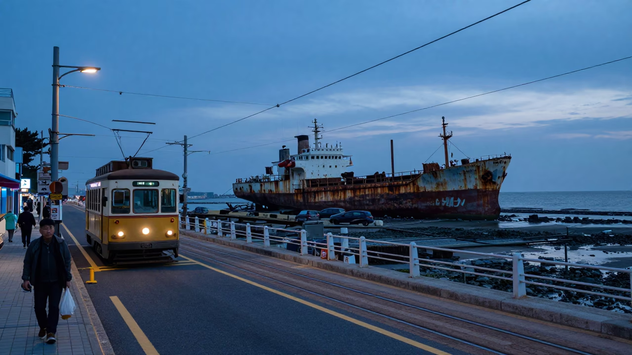 Busan South Korea Evening Street Scene with Rusting Ship and Tramway Gondola in in Busan, South Korea