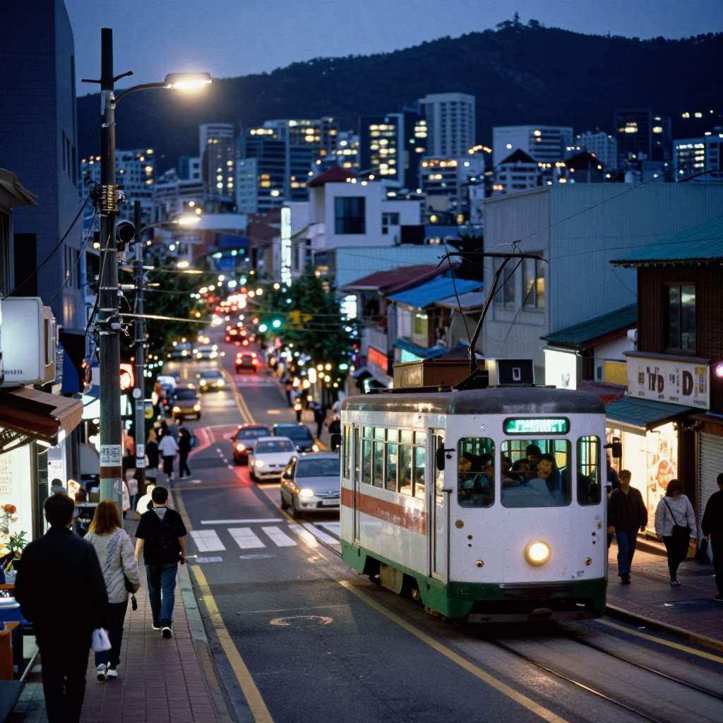 Busan South Korea Evening Street Scene with Tram and City Lights in in Busan, South Korea