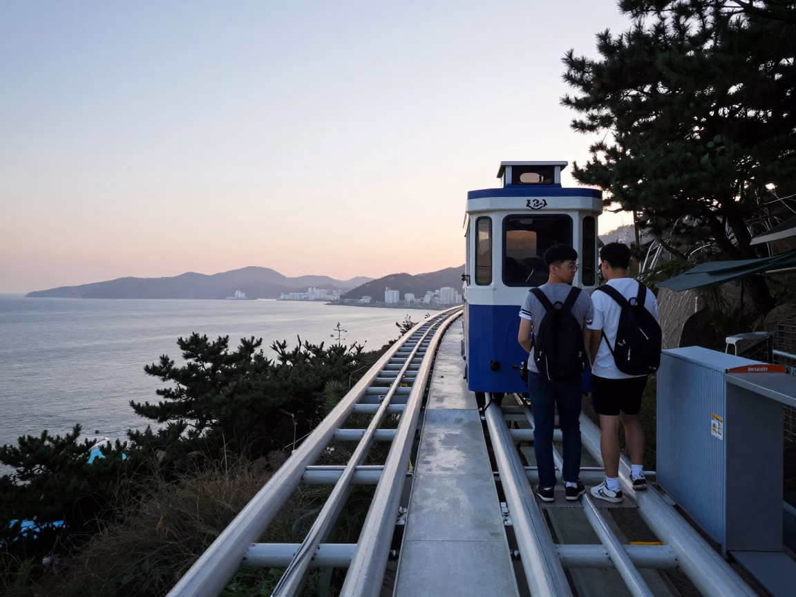 Busan South Korea Funnel Train Sunrise Cliffside Restaurant Arrival Candid Moment in in Busan, South Korea