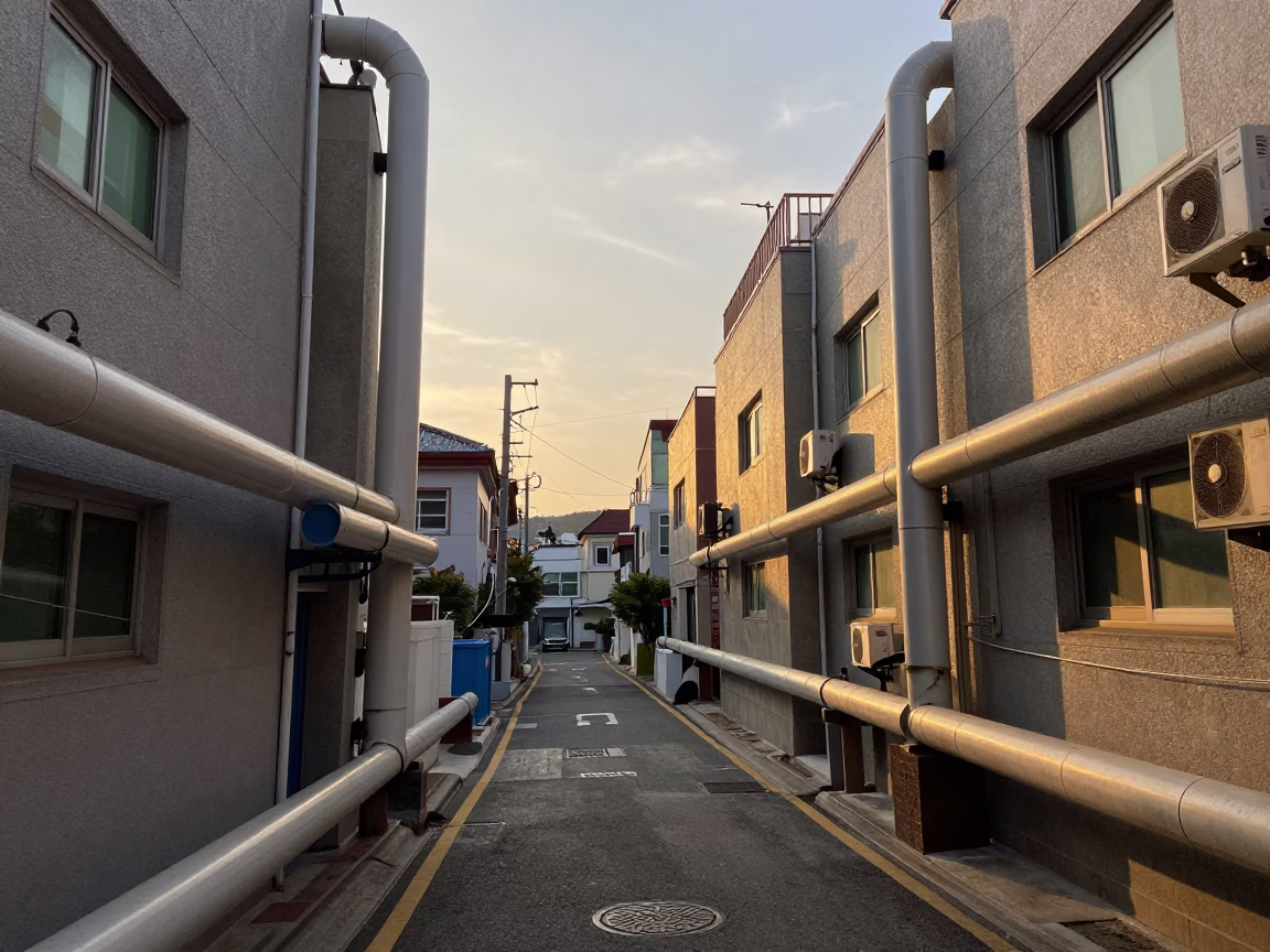 Busan South Korea Golden Hour Street Scene with District Heating Pipes and Local Life in in Busan, South Korea