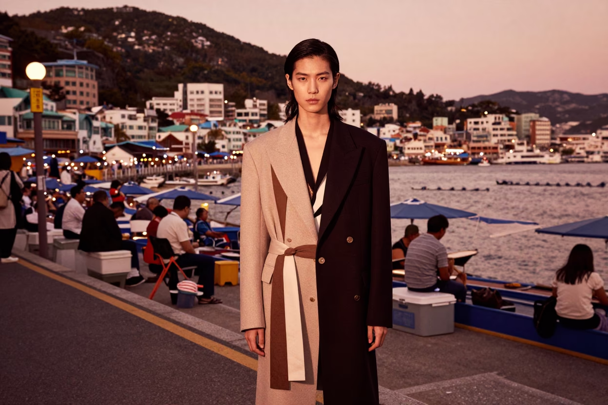 Busan South Korea High Fashion Portrait in Copper Toned Dusk Light Near Coastal Market in in Busan, South Korea