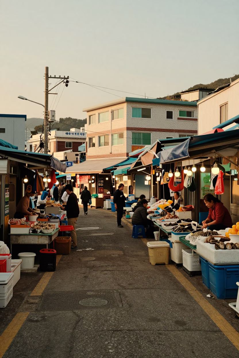 Busan South Korea Honeyed Evening Light Street Scene with Local Market Activity in in Busan, South Korea