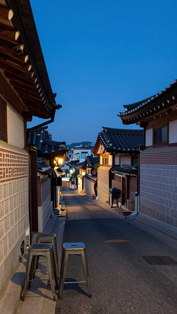 Busan South Korea indigo twilight street scene with metal stools and local dining in in Busan, South Korea