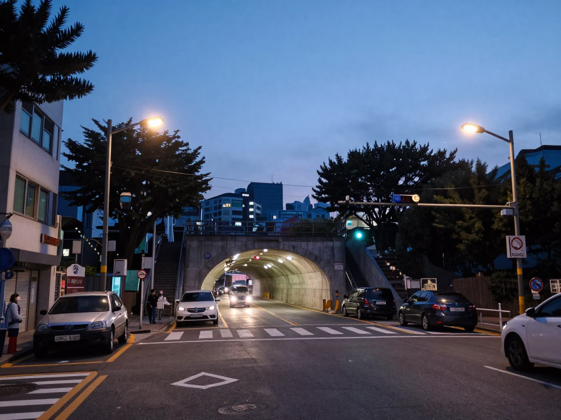 Busan South Korea Indigo Twilight Street Scene with Tunnel Portal and Sodium Lamps in in Busan, South Korea