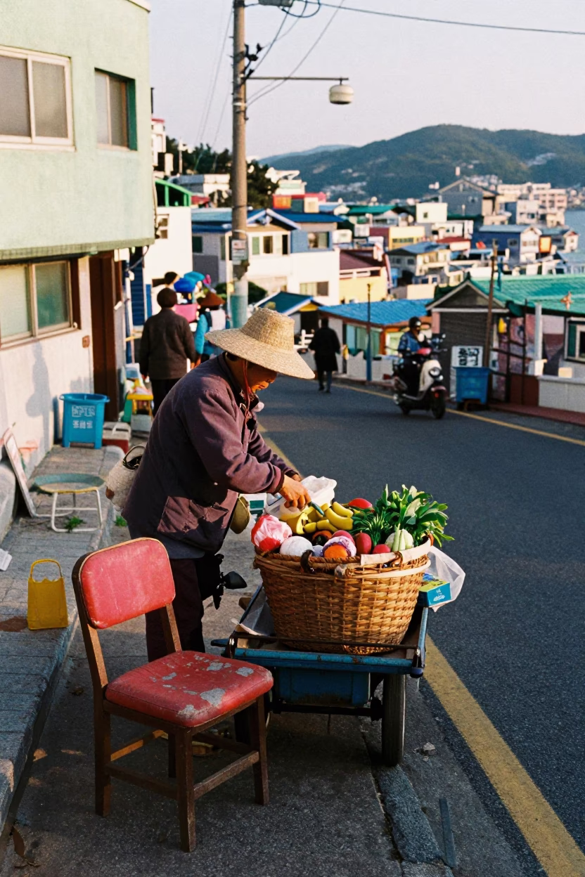 Busan South Korea Late Afternoon Street Scene with Basket and Chair Cushion in in Busan, South Korea