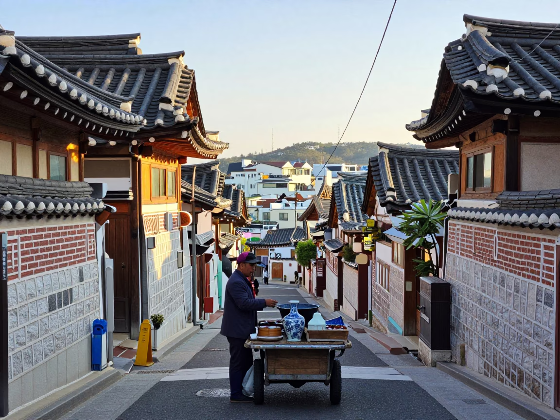 Busan South Korea Late Afternoon Street Scene with Blue White Porcelain Jar in in Busan, South Korea