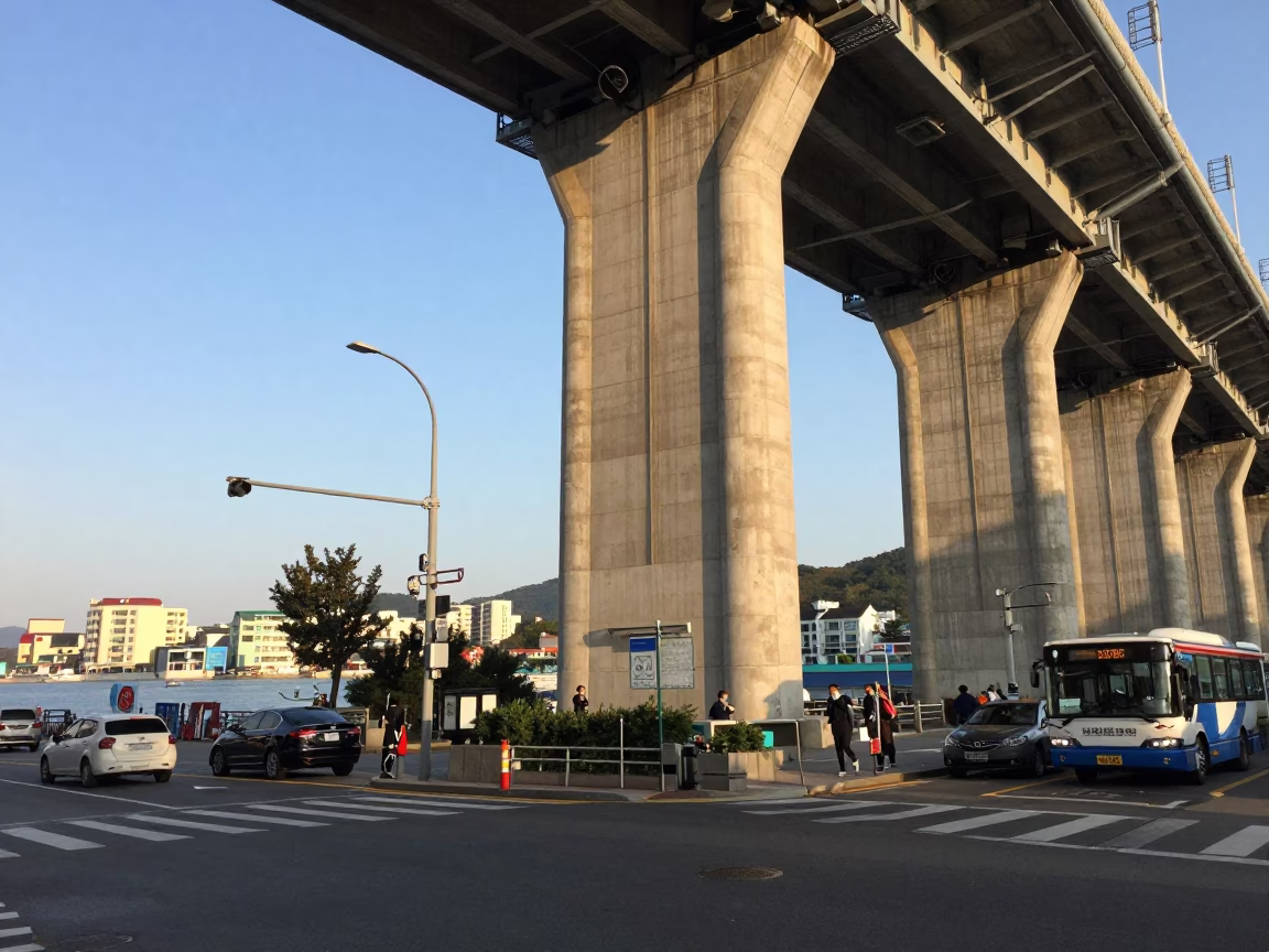Busan South Korea Late Afternoon Street Scene with Bridge Piers and Urban Life in in Busan, South Korea