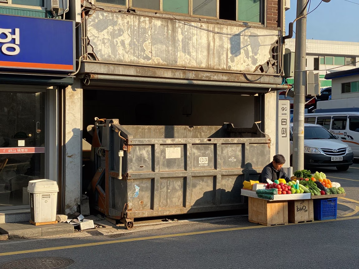 Busan South Korea Late Afternoon Street Scene with Demolition Dumpster and Local Market Activity in in Busan, South Korea