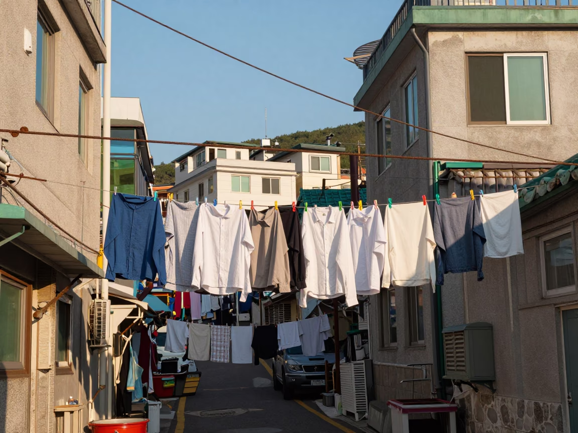 Busan South Korea Late Afternoon Street Scene with Laundry and Urban Details in in Busan, South Korea