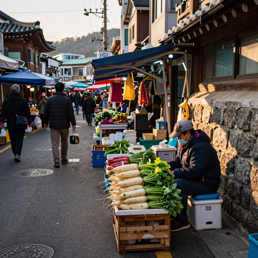 Busan South Korea Late Afternoon Street Scene with Traditional Market Stalls and Modern Architecture in in Busan, South Korea