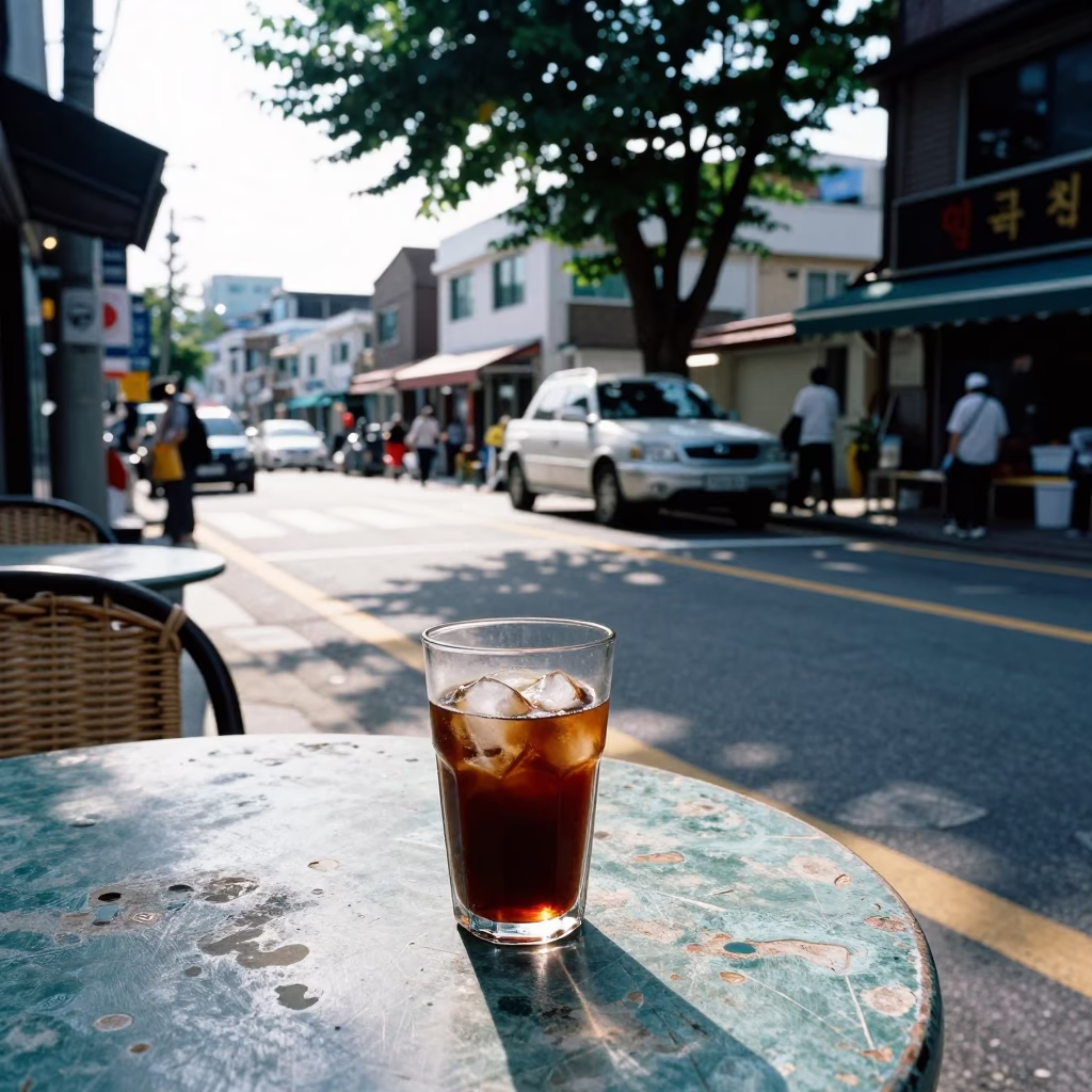 Busan South Korea Midday Street Scene with Glass Tumbler and Wicker Shadow in in Busan, South Korea