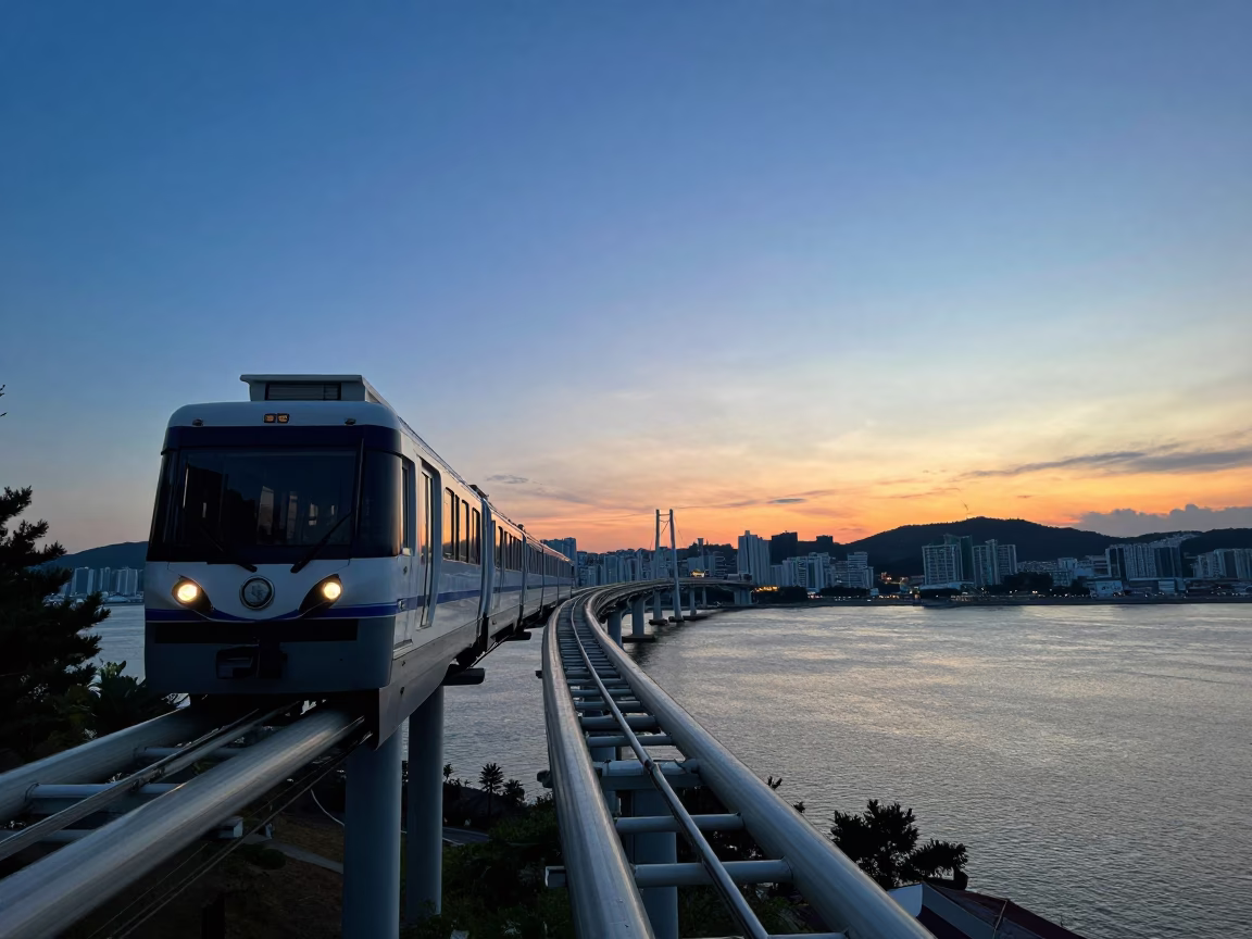 Busan South Korea Monorail Sweeping Above River at Blue Hour High Fashion Realistic in in Busan, South Korea