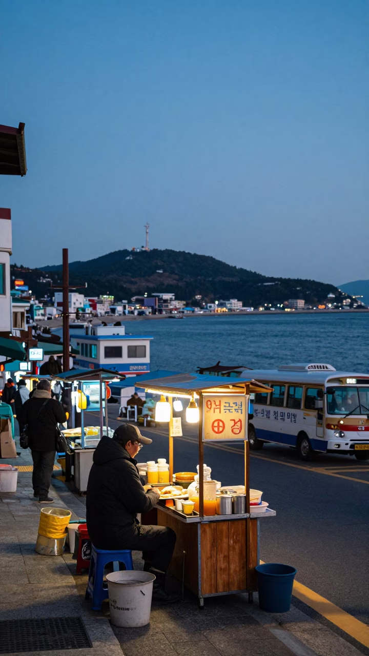 Busan South Korea Nautical Dawn Street Scene with Food Vendor and Wooden Crate in in Busan, South Korea