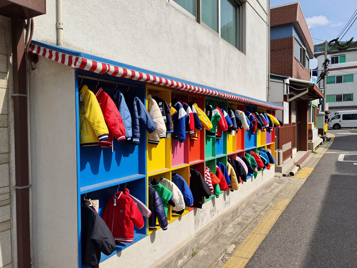 Busan South Korea Noon Street Scene with Colorful Jacket Cubbies and Local Market Details in in Busan, South Korea