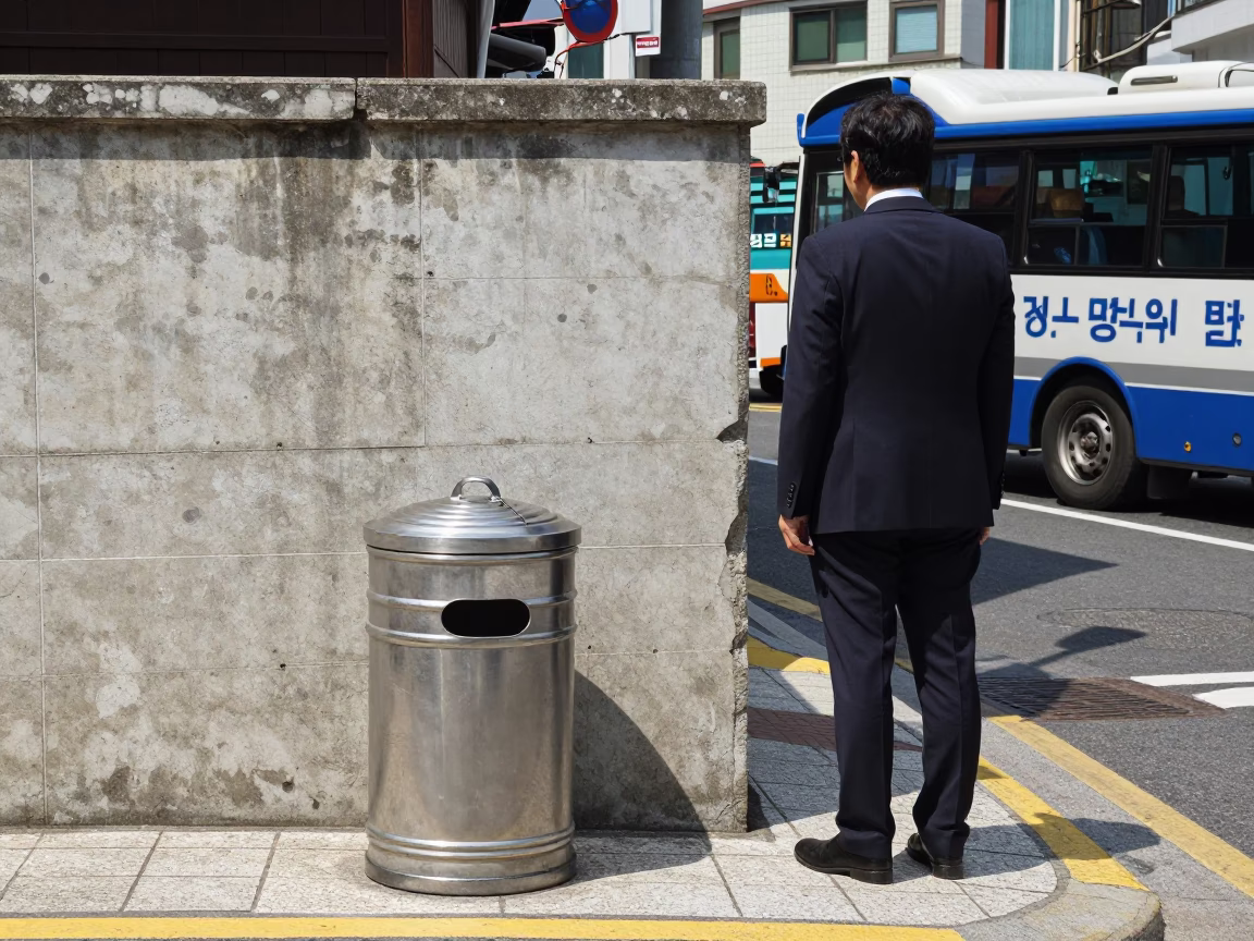 Busan South Korea Noon Street Scene with Metal Trash Can and Concrete Sidewalk in in Busan, South Korea