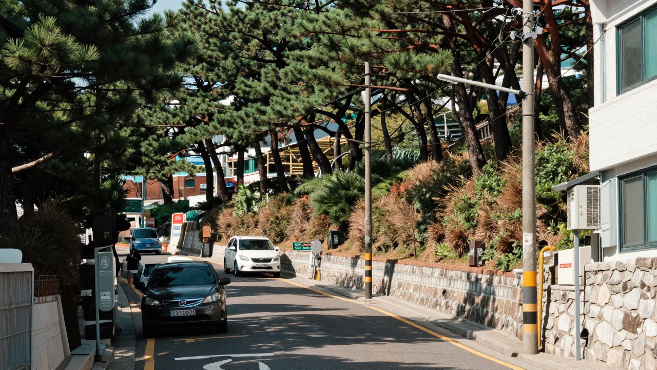 Busan South Korea Noon Street Scene with Pine Forest Background and Local Life in in Busan, South Korea