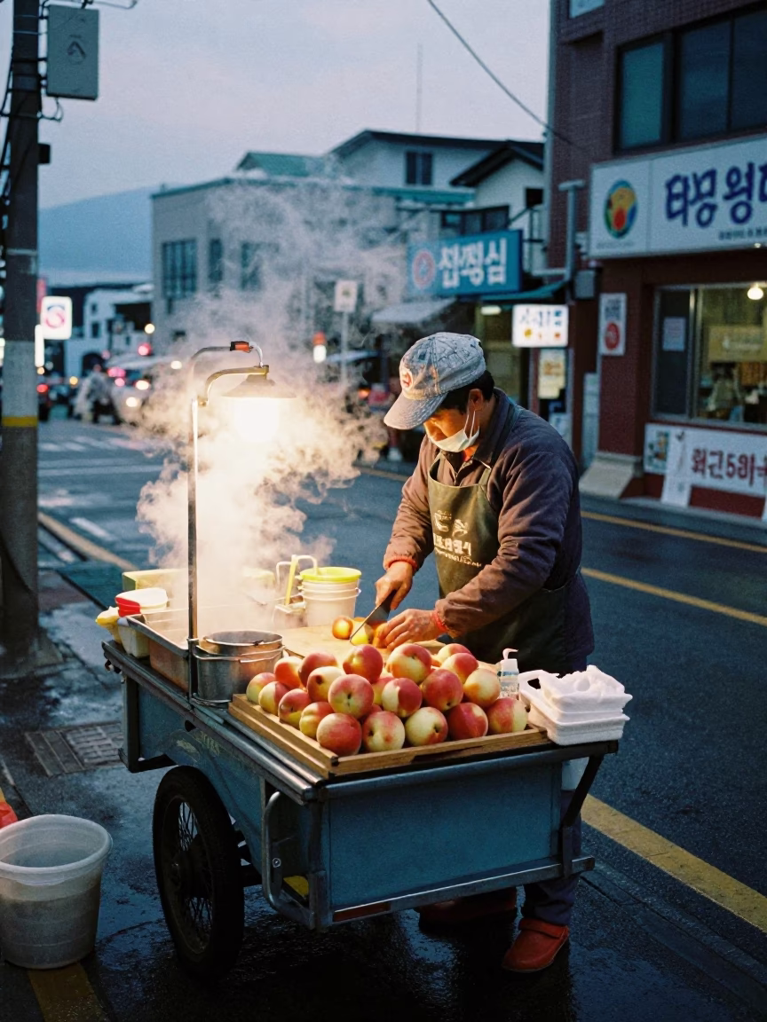 Busan South Korea pre-dawn street food stall vendor preparing nectarines and glass jars in in Busan, South Korea