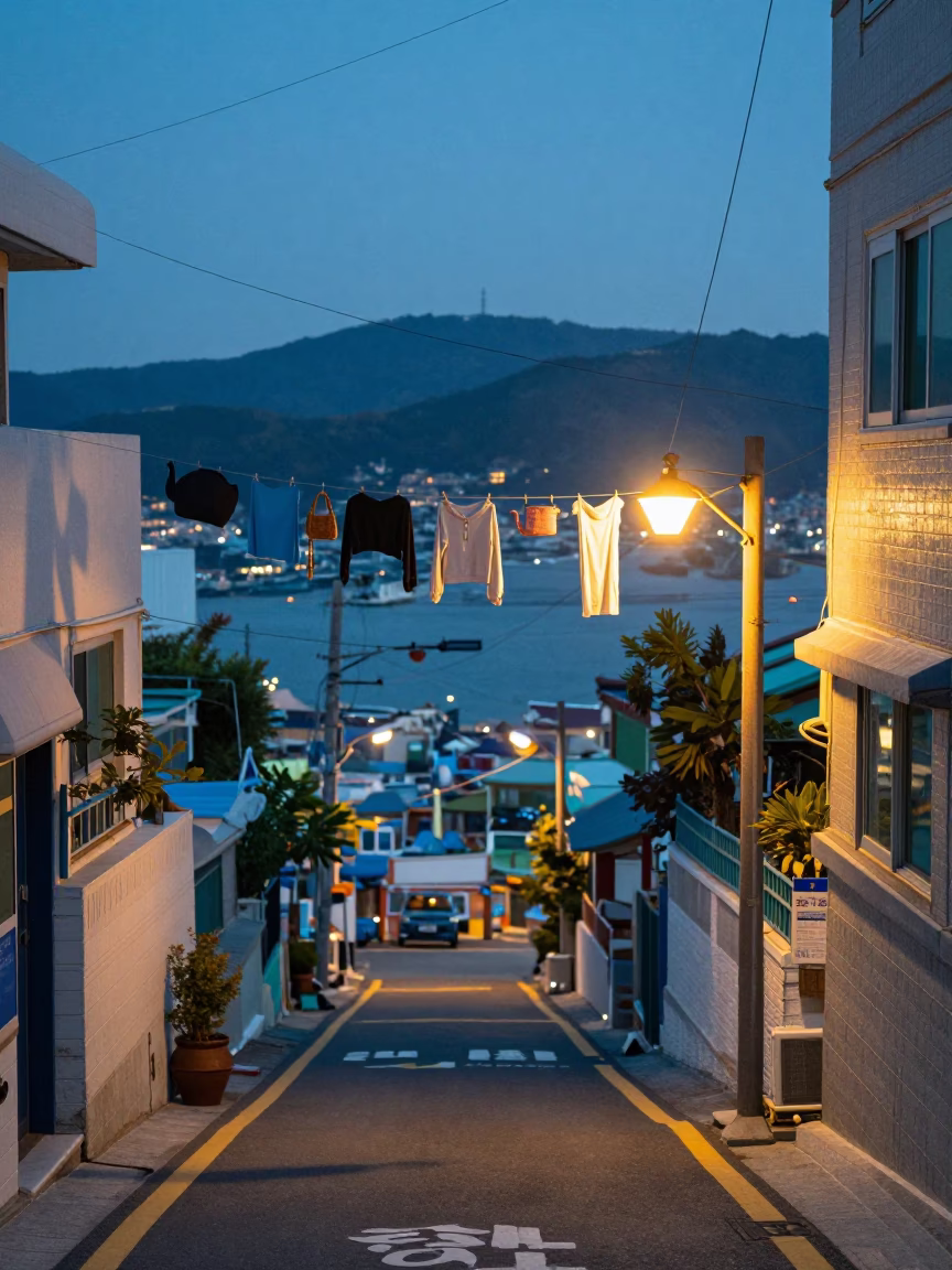 Busan South Korea Pre-Dawn Street Scene with Clothesline and Teapot in in Busan, South Korea
