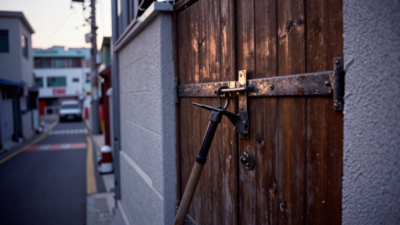 Busan South Korea Pre-Dawn Street Scene With Crowbar And Door Latch in in Busan, South Korea