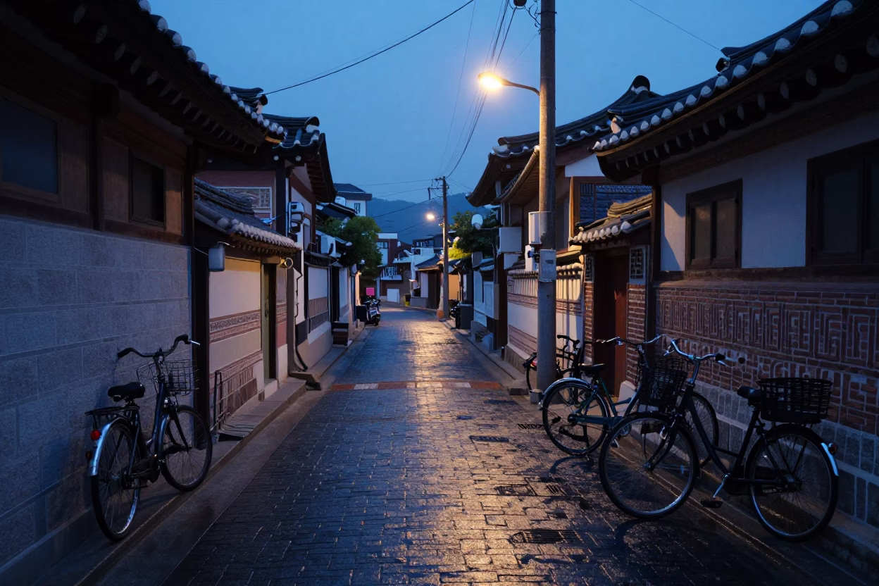 Busan South Korea pre-dawn street scene with parked bicycles and traditional hanok roofs in in Busan, South Korea