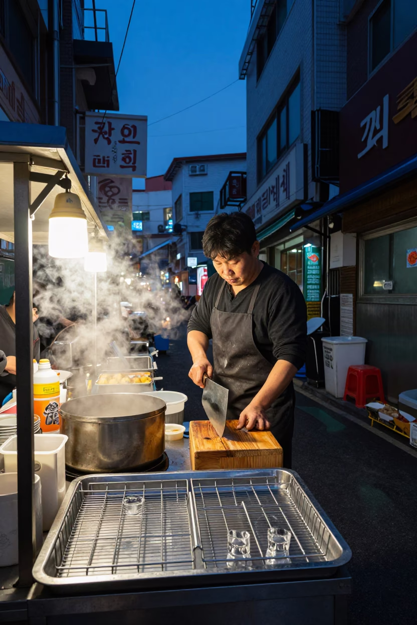 Busan South Korea Predawn Street Food Stall Cleaver and Dish Rack Scene in in Busan, South Korea