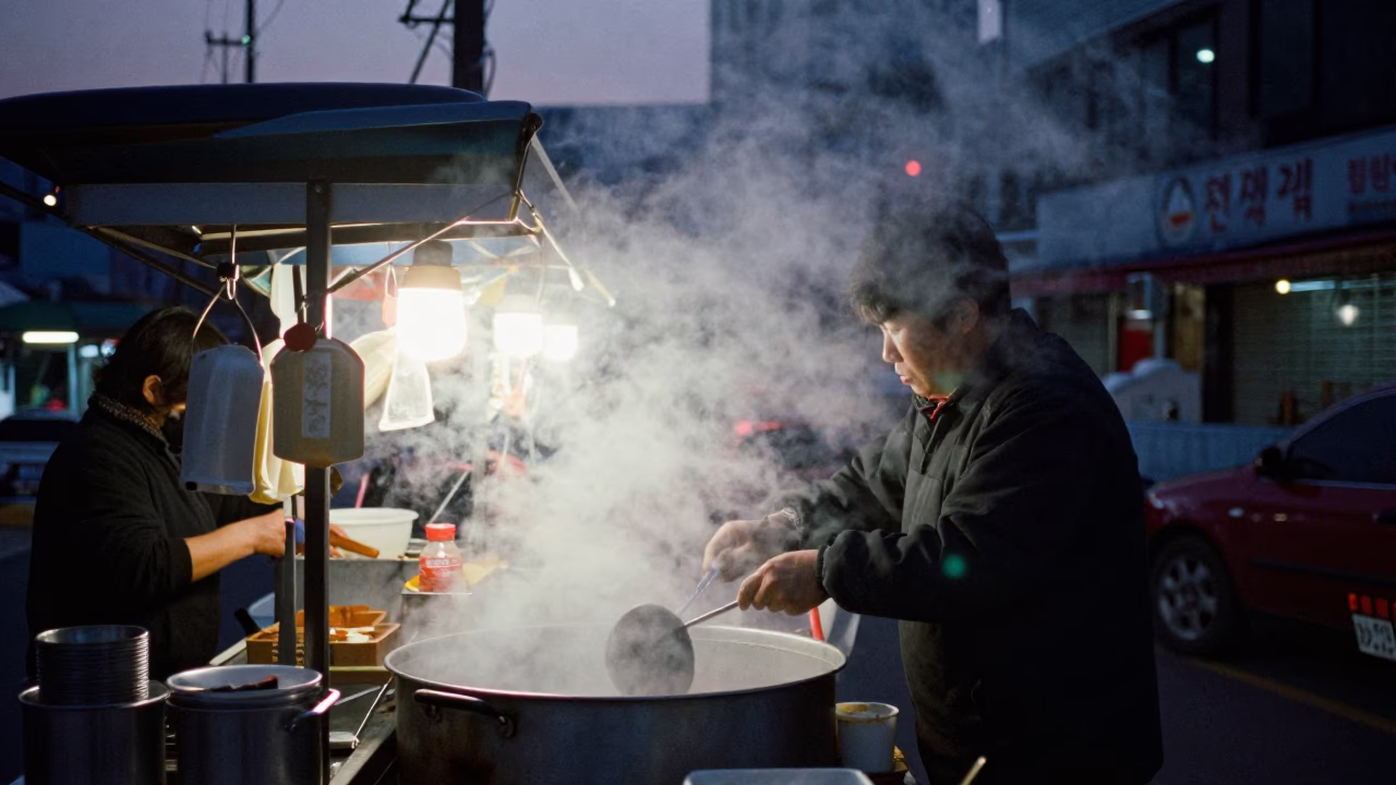 Busan South Korea Predawn Street Food Stall Steam Haze and Urban Night Life in in Busan, South Korea