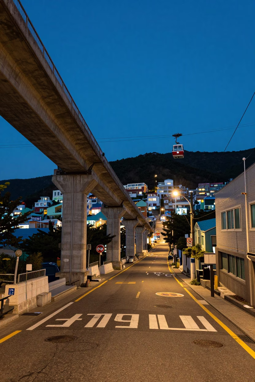Busan South Korea Predawn Street Scene with Concrete Viaduct and Cable Car in in Busan, South Korea