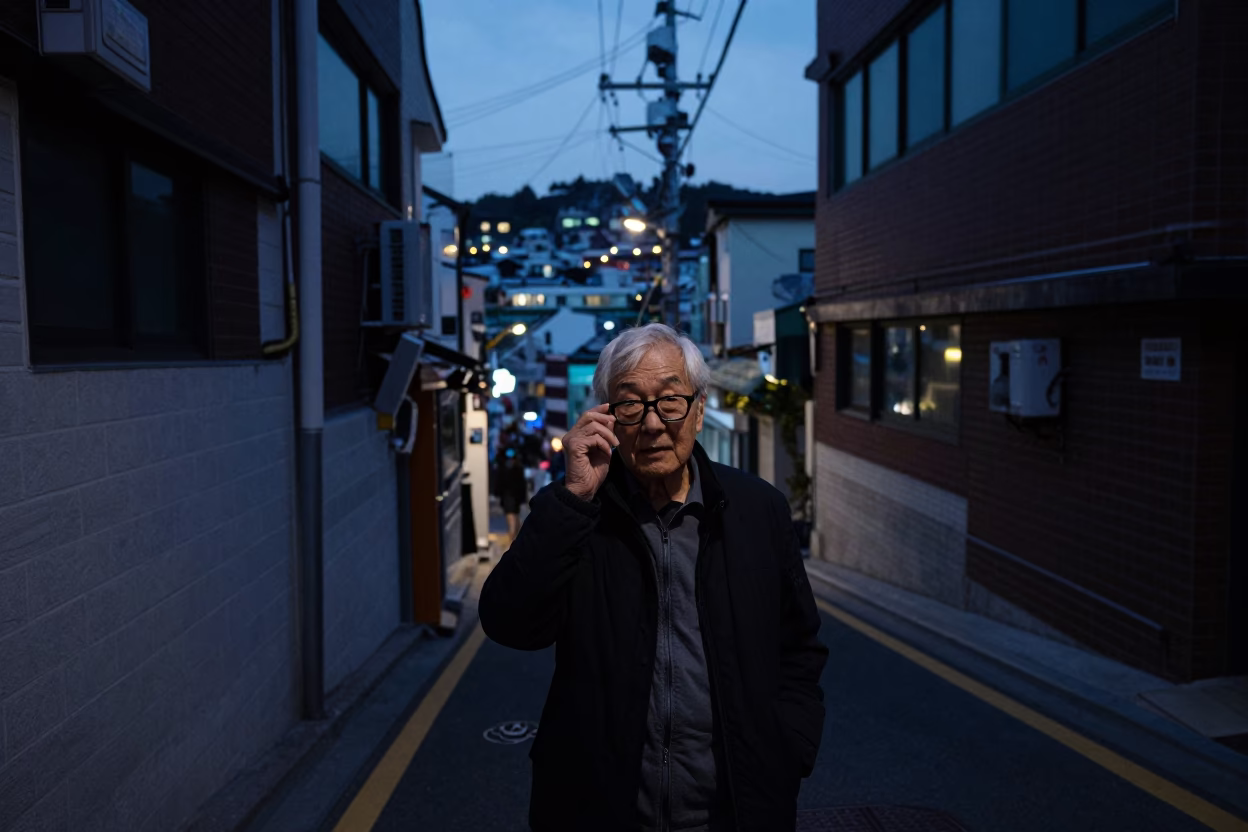 Busan South Korea Predawn Street Scene with Retired Astronomer and Glass Tumblers in in Busan, South Korea